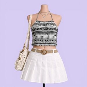 LA Hearts PacSun Black White Paisley Halter Crop Top Women's S Boho Y2K Summer
